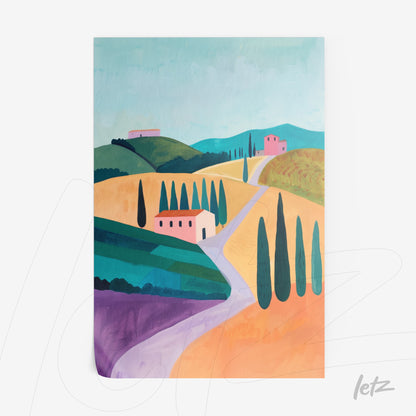 quadro com paisagem campestre estilizada, apresentando colinas onduladas, pinheiros altos e pequenas casas de cores vibrantes