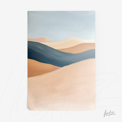 quadro com ilustração abstrata de paisagem desértica em tons terrosos e azuis