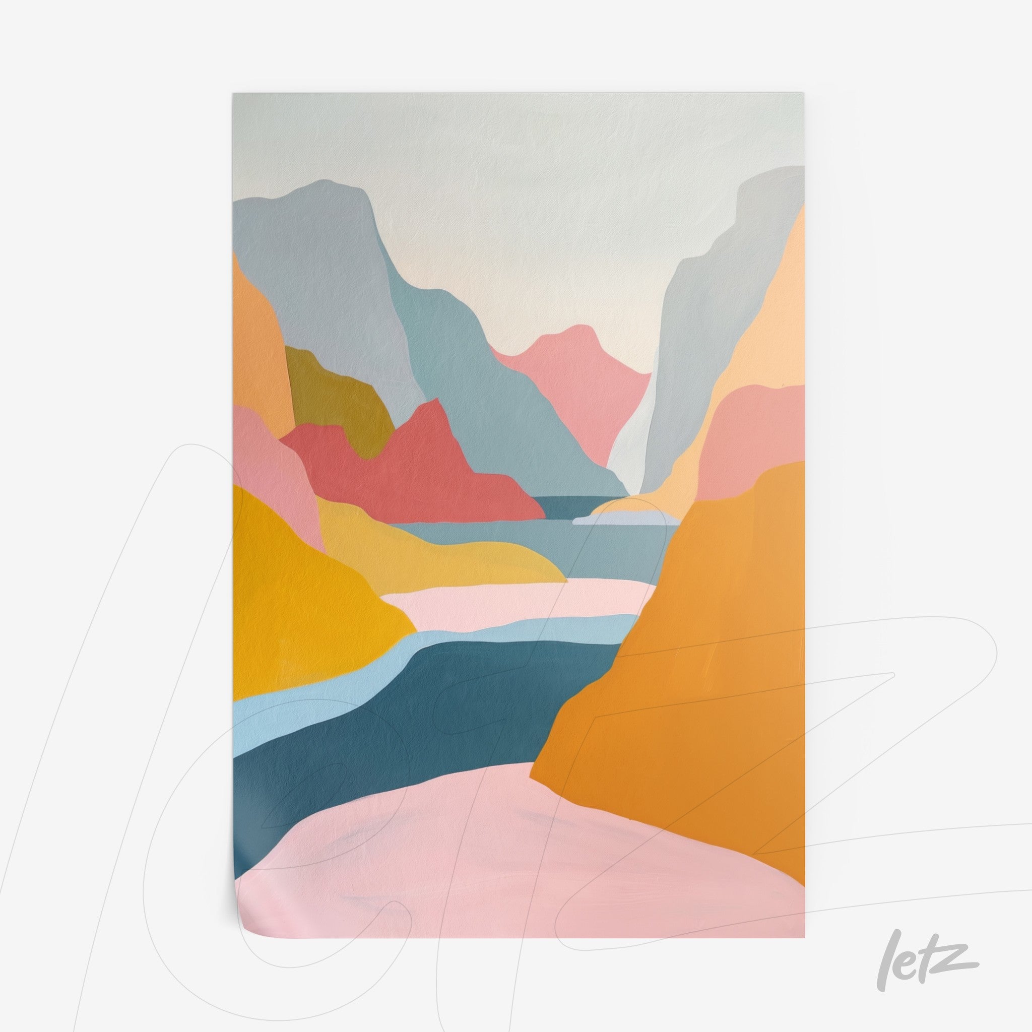 quadro com arte abstrata de paisagens montanhosas em tons pastel e formas geométricas