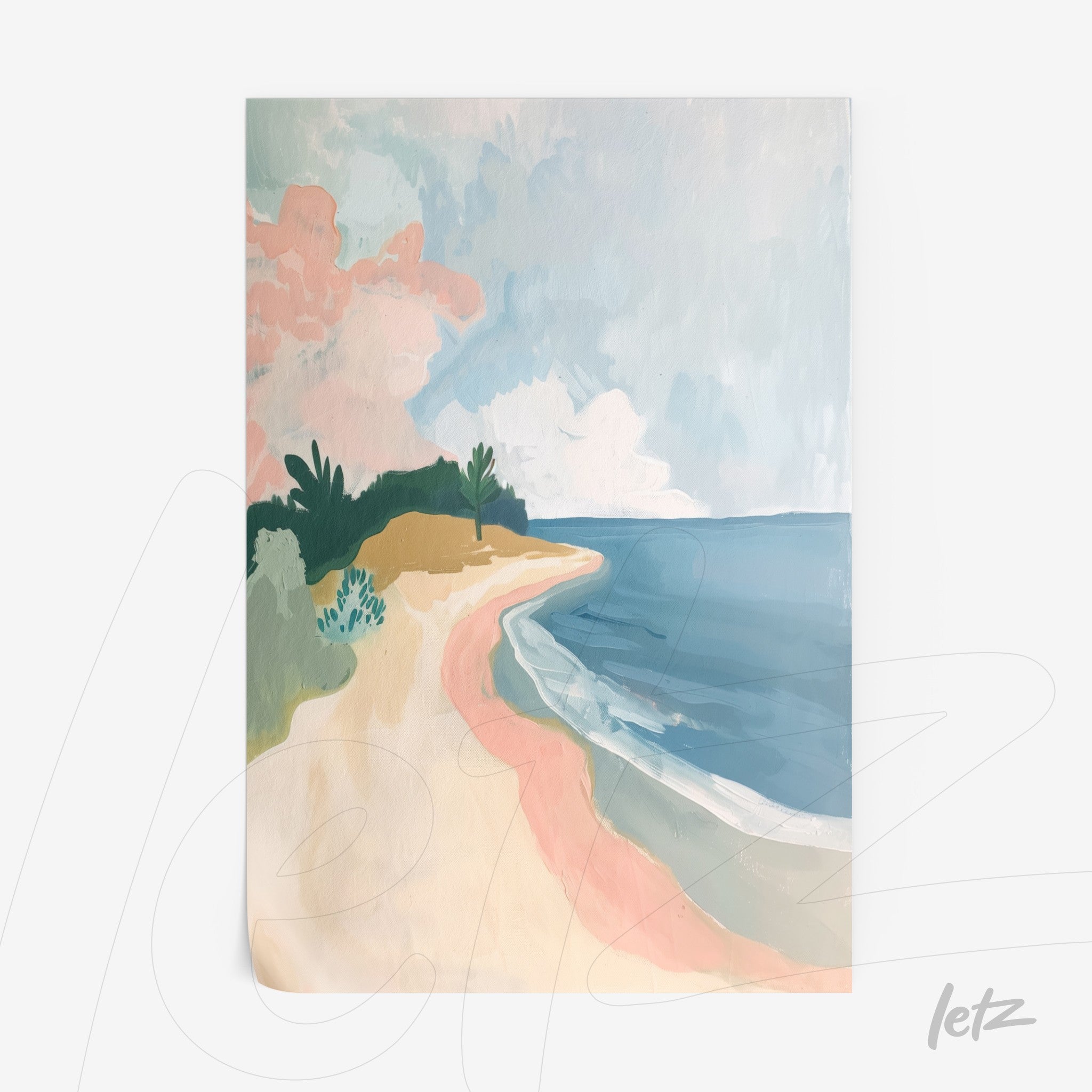 quadro com arte de paisagem marítima, mostrando uma praia serena com céu azul e detalhes em verde