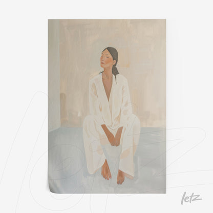 quadro com arte digital de uma mulher sentada em fundo claro, vestindo roupas brancas e cabelo preso