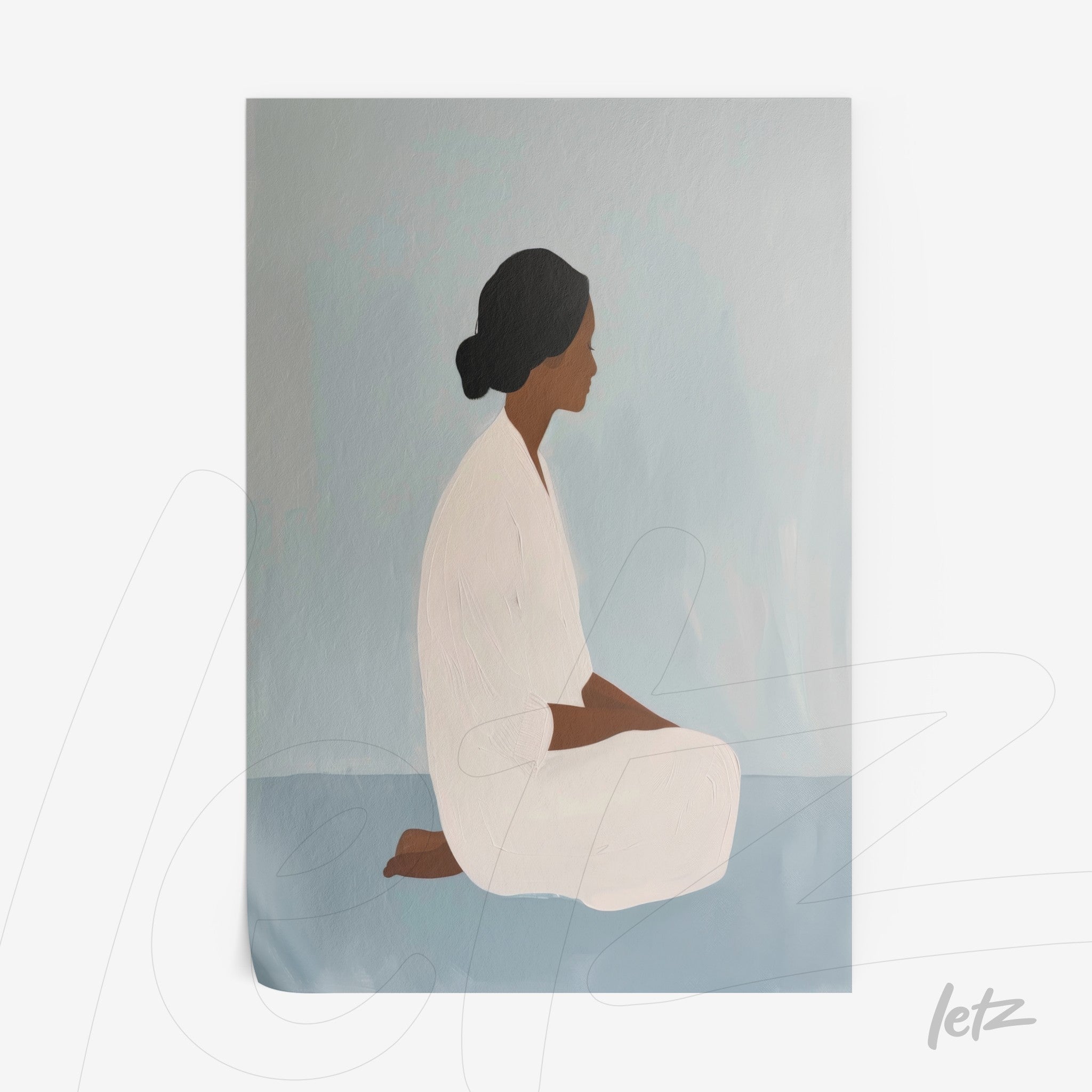quadro com arte minimalista de mulher sentada em posição de meditação, fundo em gradiente azul claro