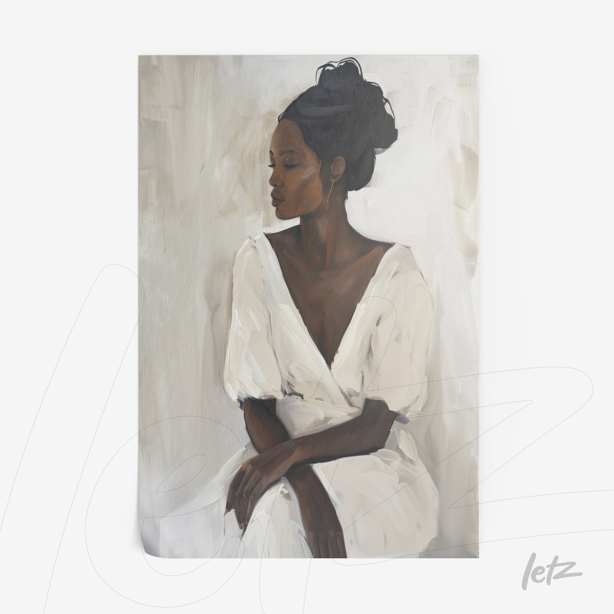 arte digital de mulher em vestido branco com cabelo preso, fundo suave em tons neutros