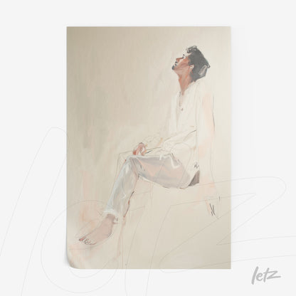 quadro com arte digital de figura masculina em postura reflexiva, fundo claro e suave