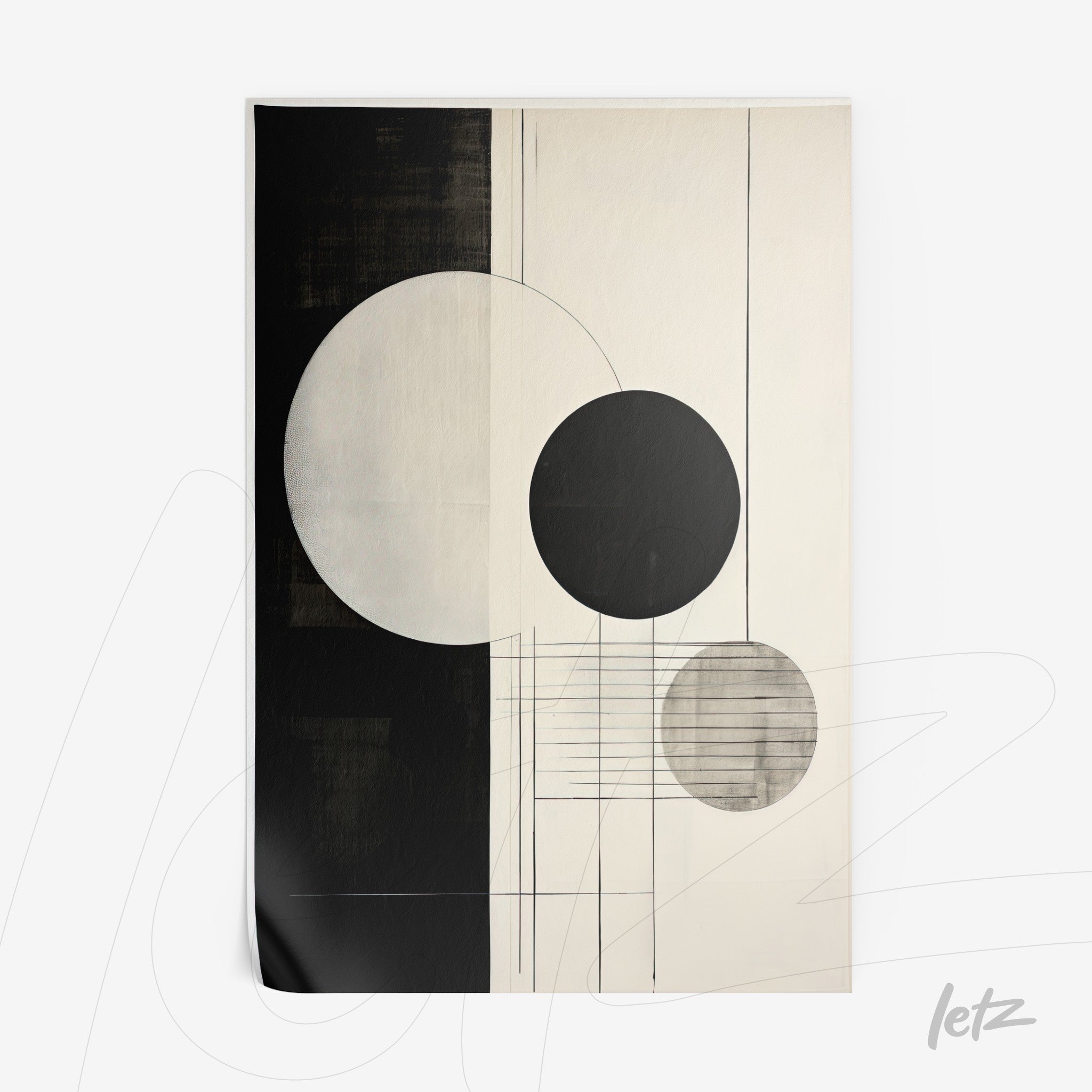 quadro com arte abstrata em preto e branco, apresentando círculos sobre fundo claro e linhas geométricas discretas