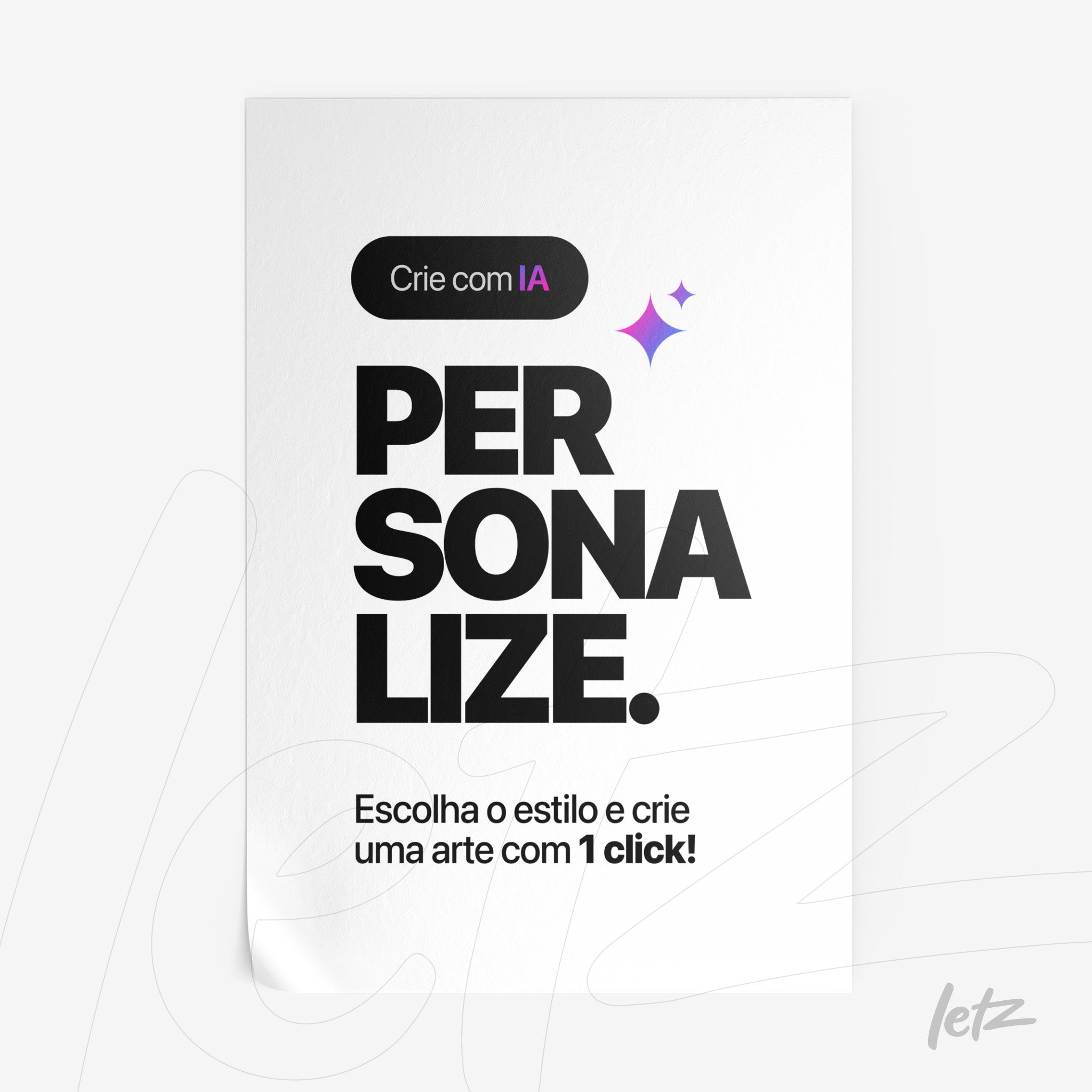 pôster impresso com texto em letras grandes e negrito em fundo branco, apresentando a frase 'Personalize' e gráficos em tom de roxo