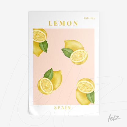 quadro com arte digital de limões fatiados e inteiros em fundo rosa, com detalhes em amarelo e texto 'LEMON' no topo