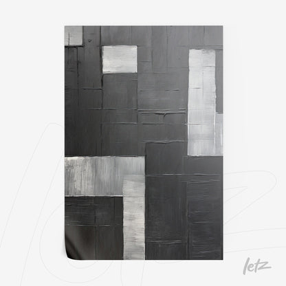 quadro em canvas com composição abstrata de formas geométricas em tons de preto e prata