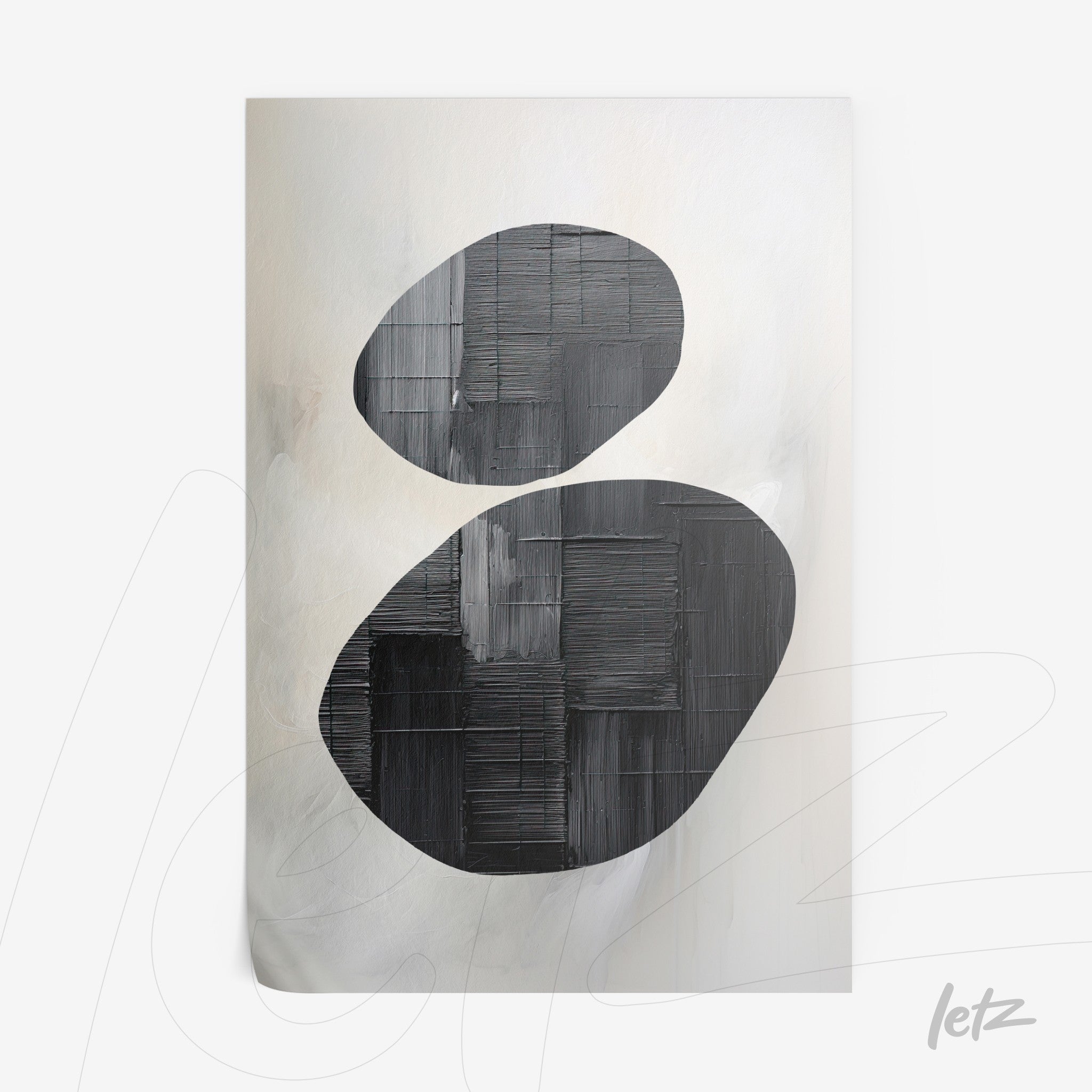 arte abstrata em canvas com formas ovais pretas sobre fundo claro