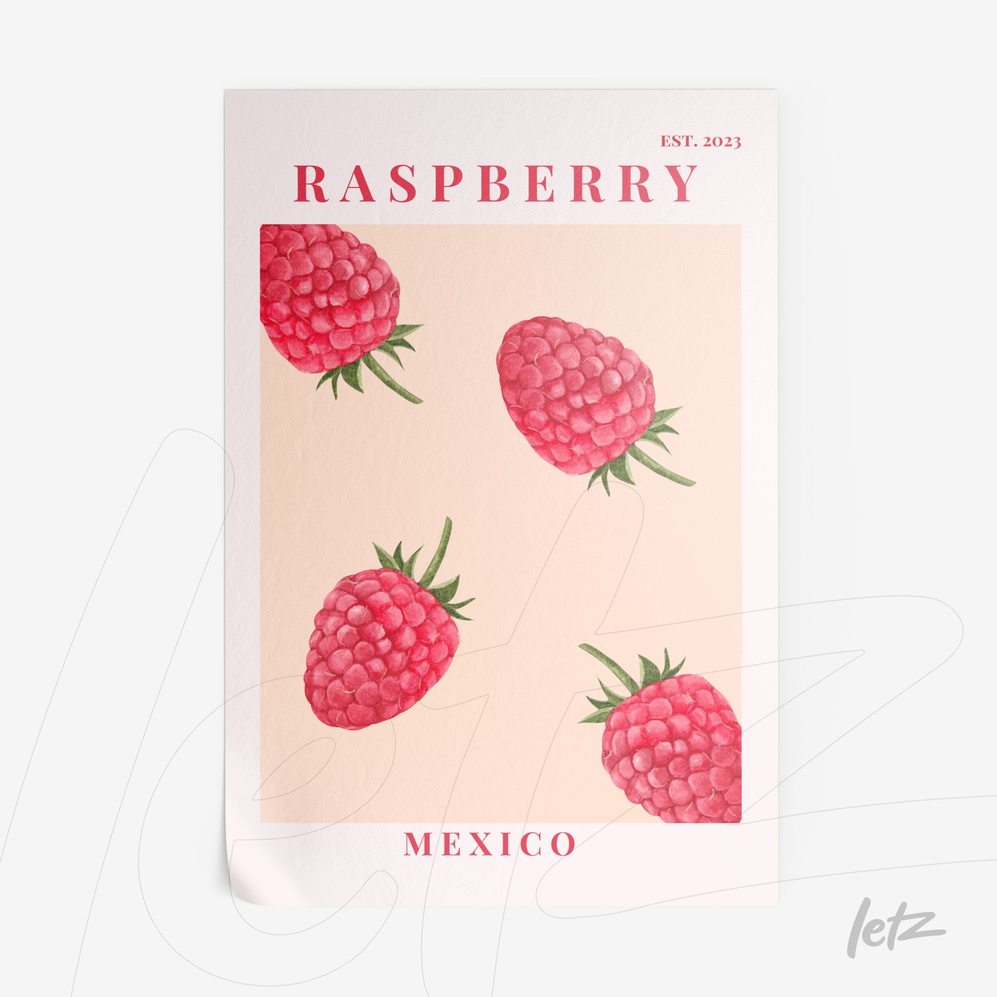 pôster com ilustração de framboesas sobre fundo pálido, título 'RASPBERRY' em vermelho e localização 'MEXICO' na parte inferior