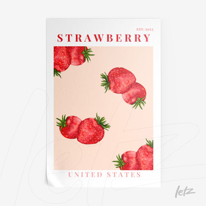 pôster com ilustração de morangos vibrantes em fundo rosa claro, contendo texto em vermelho superposto